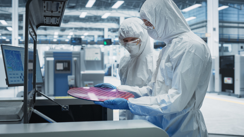 semiconductor production process at electronics factory: two technicians in sterile suits taking out silicon wafer from soldering jet printer and checking it. engineers making hardware for computers semiconductor production process at electronics factory: two technicians in sterile suits taking out silicon wafer from soldering jet printer and checking it. engineers making hardware for computers