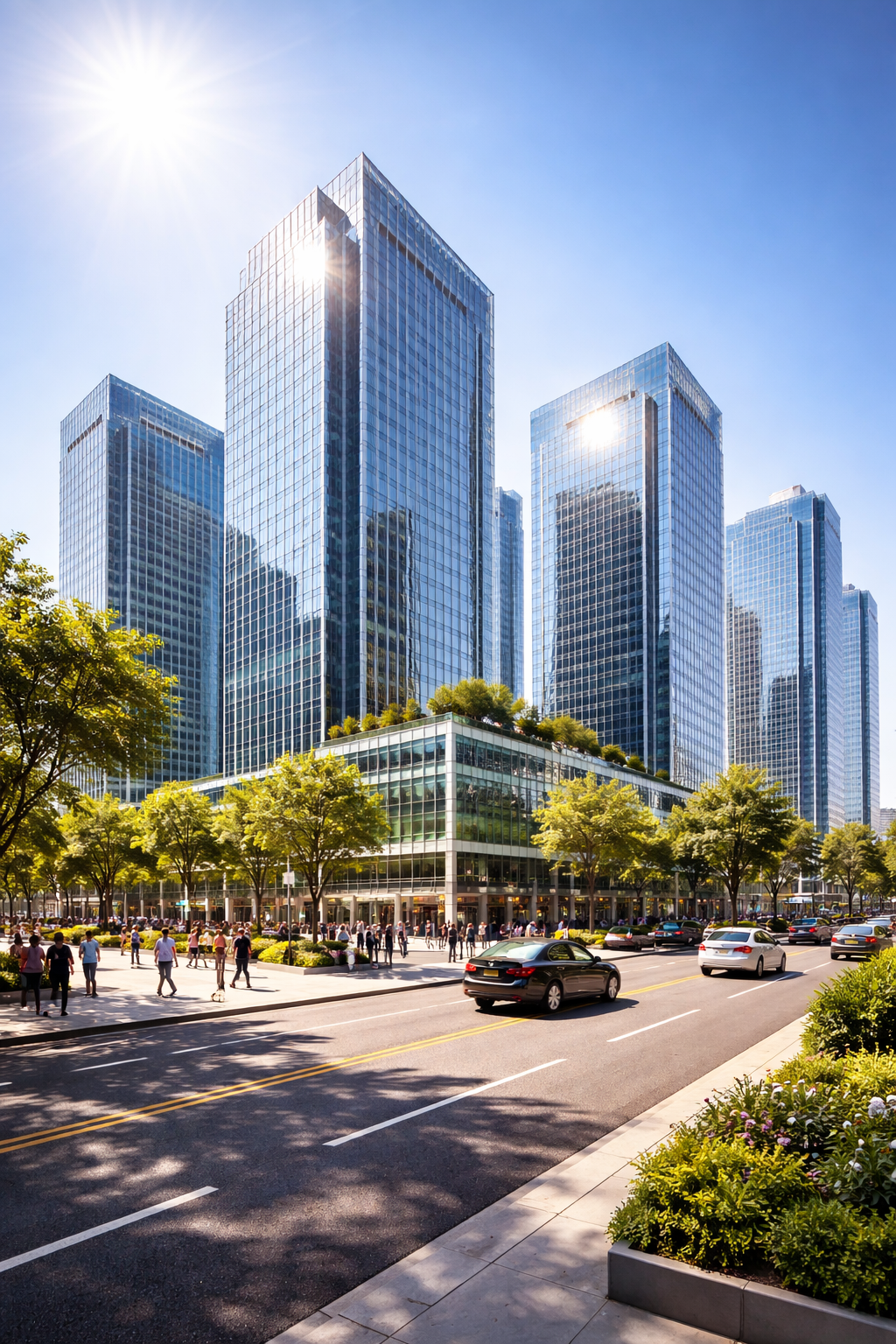 high rise glasss buildings under hot sun high rise glasss buildings under hot sun